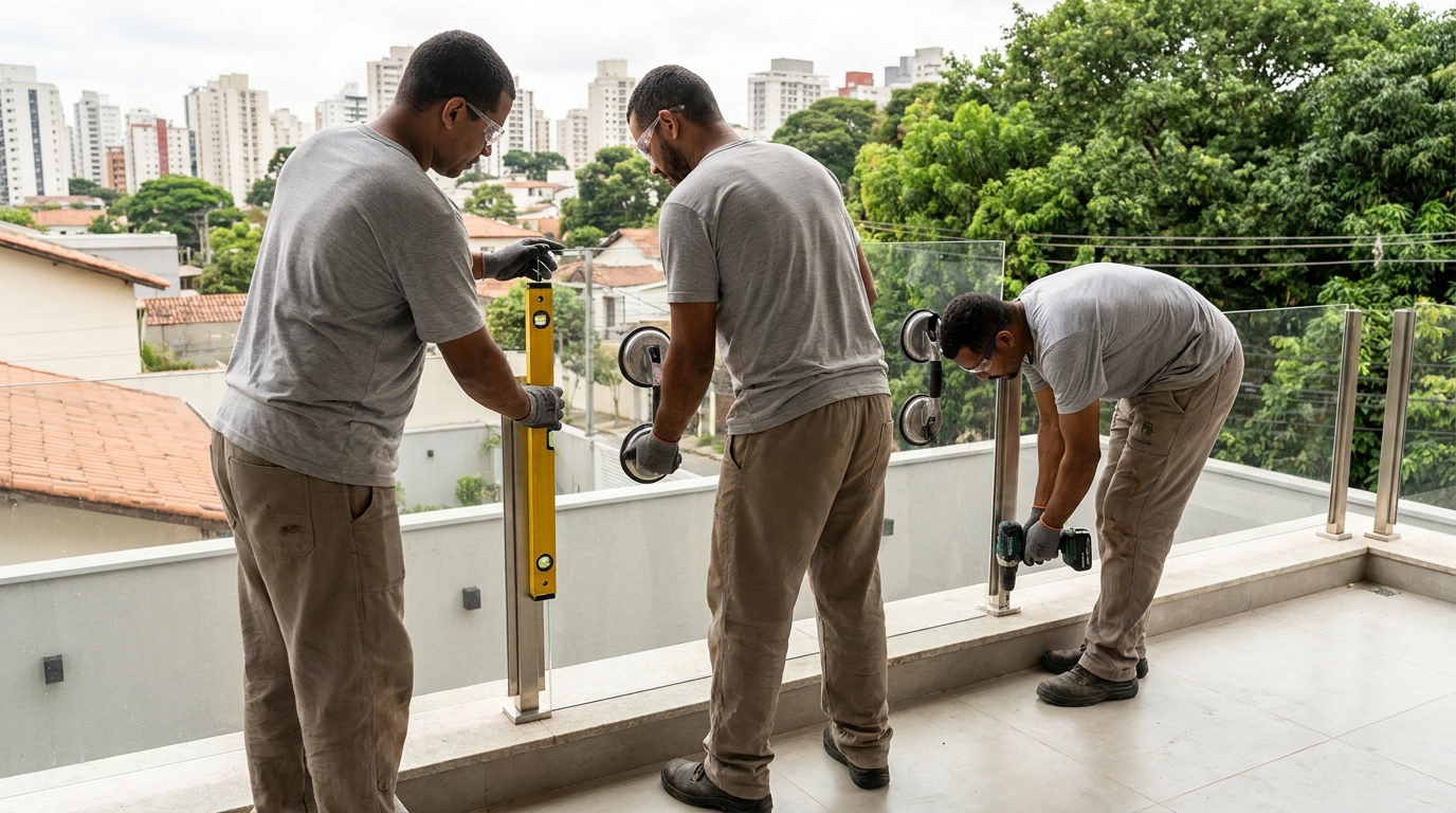 Guarda-corpo em terraço alto com vista cidade em Jundiaí-SP