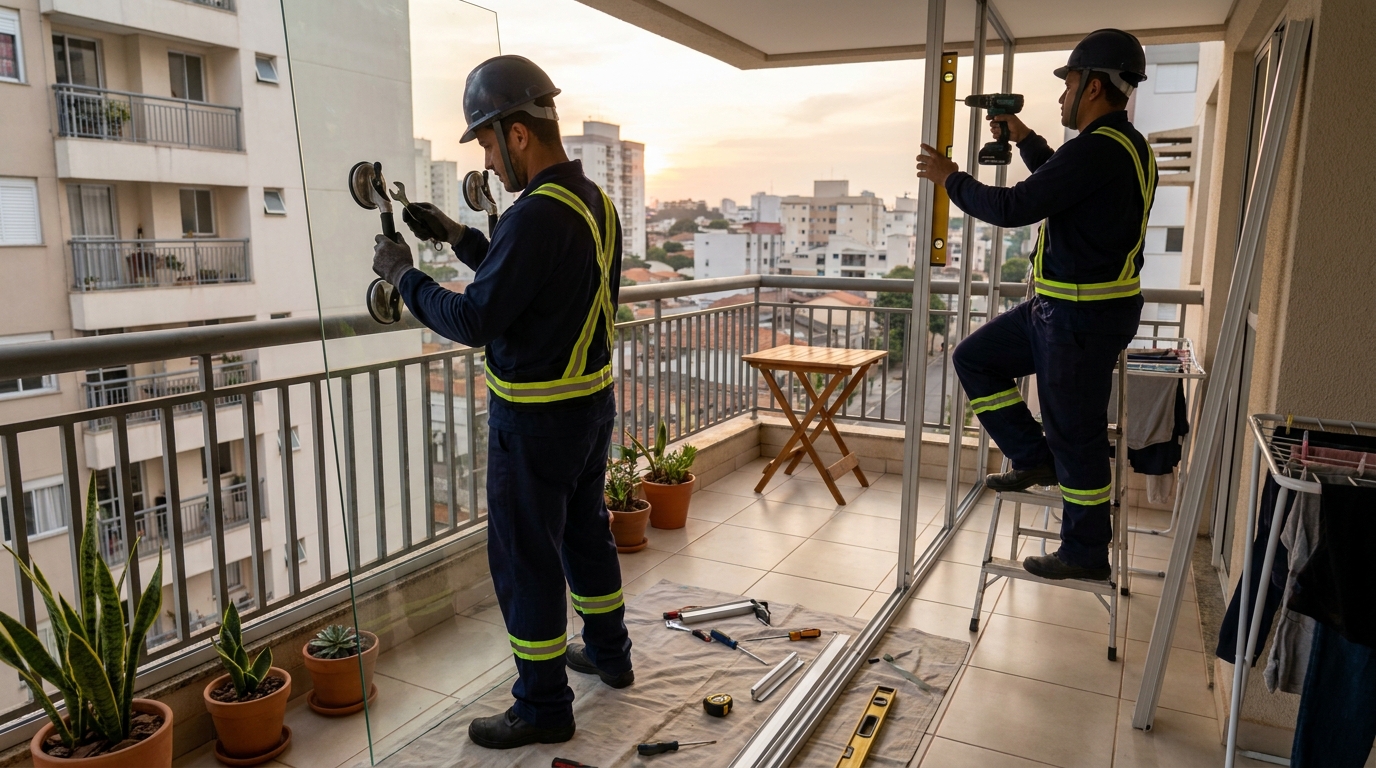 Instalação de parede de vidro em sacada em Jundiaí-SP