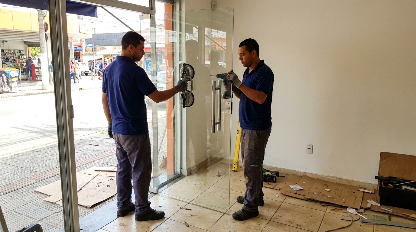Porta de vidro de loja em rua movimentada em Jundiaí-SP